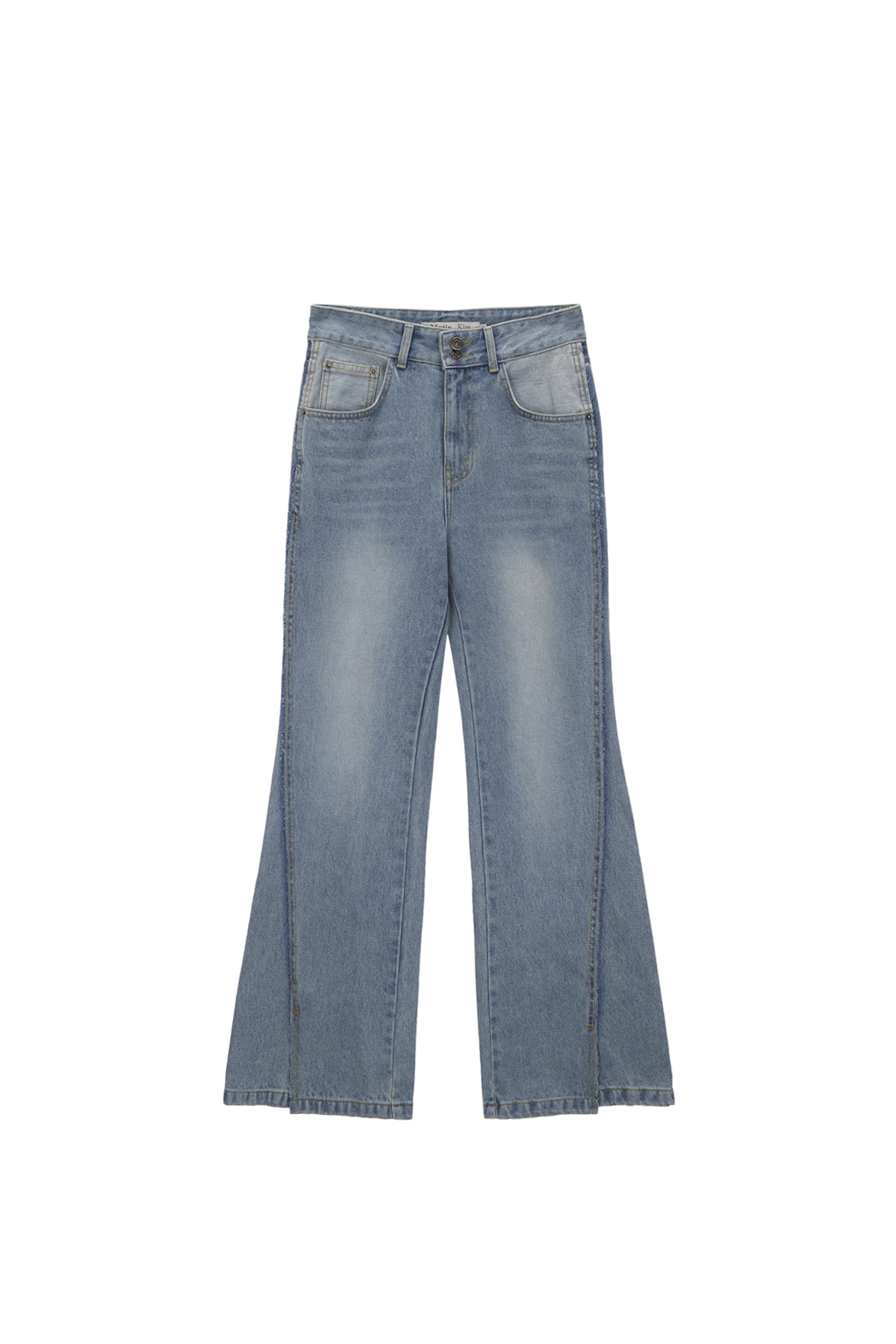 SLIT POINT WASHED BOOTS CUT DENIM PANTS IN BLUE