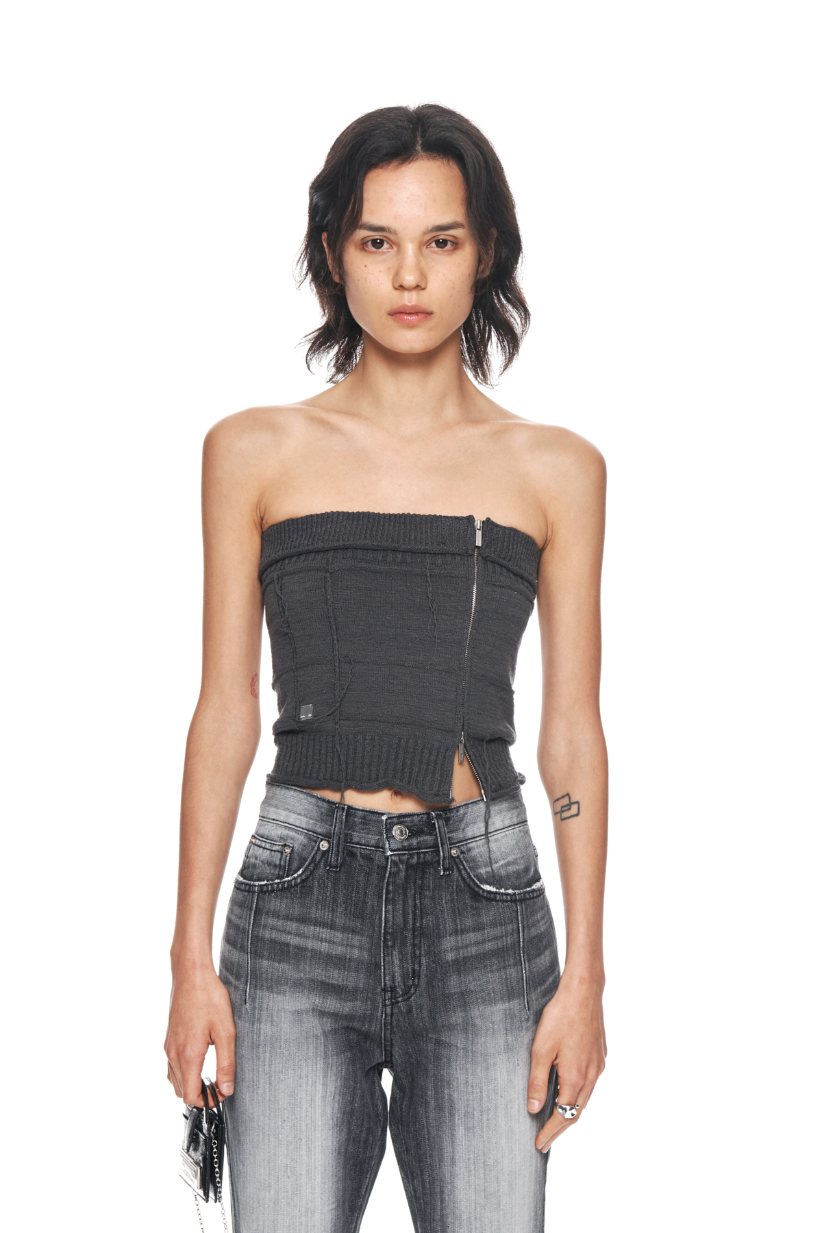 NATURAL DAMAGE ZIP UP TUBE TOP IN CHARCOAL