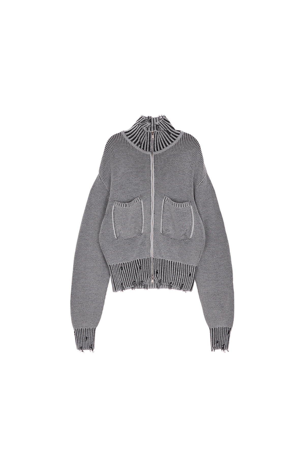 COLOR RIBBED HIGH NECK ZIP UP IN LIGHT GREY