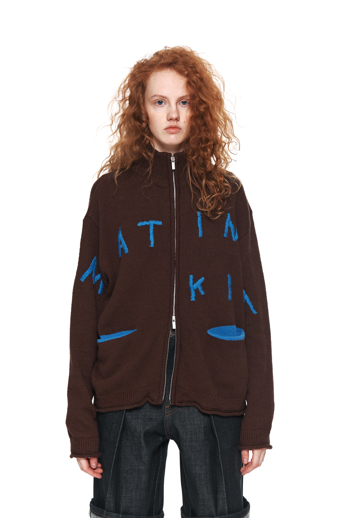 EMBROIDERY LOGO KNIT ZIP UP IN BROWN